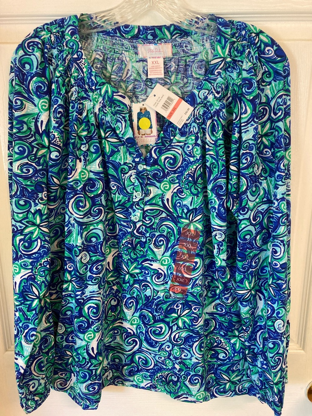 Printed Peasant Blouse in Blue & Green Swirl